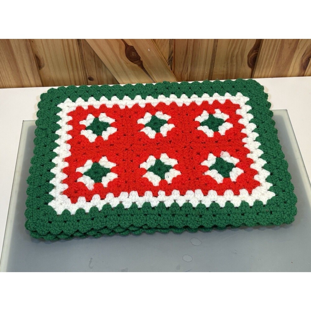 Vintage Handmade Crochet Granny Square Placemat Green Red White Set of 3